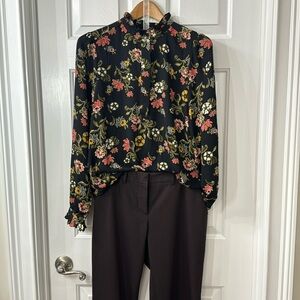 Loft floral blouse ruffle neck and sleeves